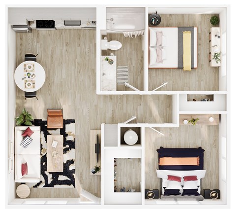 Floor plan for 2 beds, 1 bath, 698 sqft